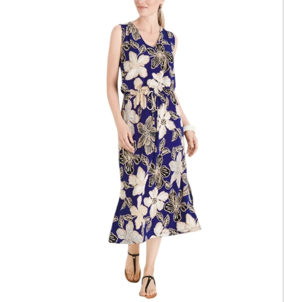 Chico's Travelers Classic Floral Print Drawstring Dress Blue Size Large Petite